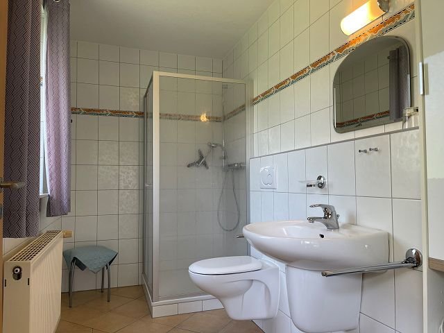 Bad mit Dusche, WC, Waschbecken und Fenster
